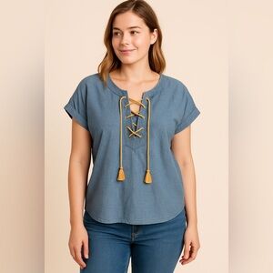 Ivy Jane Blue Lace-Up Top with Yellow Tie